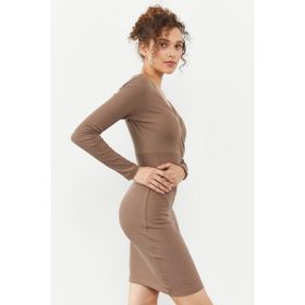 Tommy Life 97118 Bej Kaşkorse Triko Dar Kalıp Kruvaze Yaka Kadın Elbise
