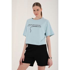 Tommy Life 97135 Açık Mavi Yazı Baskılı Kısa Oversize O Yaka Kadın T-shirt