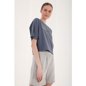 Tommy Life 97135 Kadın Petrol Yazı Baskılı Kısa Oversize O Yaka T-shirt