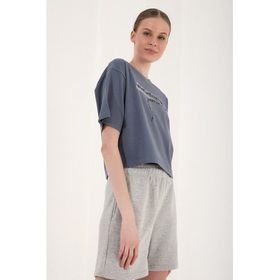 Tommy Life 97135 Kadın Petrol Yazı Baskılı Kısa Oversize O Yaka T-shirt