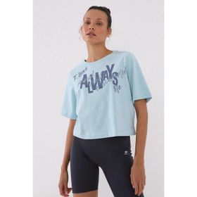 Tommy Life 97136 Açık Mavi Asimetrik Yazı Baskılı Oversize O Yaka Kadın T-shirt
