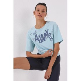 Tommy Life 97136 Açık Mavi Asimetrik Yazı Baskılı Oversize O Yaka Kadın T-shirt