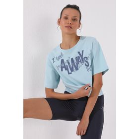 Tommy Life 97136 Açık Mavi Asimetrik Yazı Baskılı Oversize O Yaka Kadın T-shirt