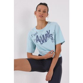 Tommy Life 97136 Açık Mavi Asimetrik Yazı Baskılı Oversize O Yaka Kadın T-shirt