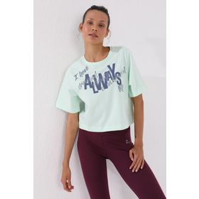 Tommy Life 97136 Açık Yeşil Asimetrik Yazı Baskılı Oversize O Yaka Kadın T-shirt