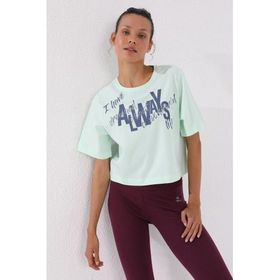 Tommy Life 97136 Açık Yeşil Asimetrik Yazı Baskılı Oversize O Yaka Kadın T-shirt