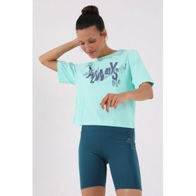 Tommy Life 97136 Kadın Mint Yeşili Asimetrik Yazı Baskılı Oversize O Yaka T-shirt