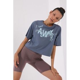 Tommy Life 97136 Petrol Kadın Asimetrik Yazı Baskılı Oversize O Yaka T-Shirt
