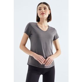 Tommy Life 97145 Gri Basic Kısa Kol Standart Kalıp V Yaka Kadın T-Shirt