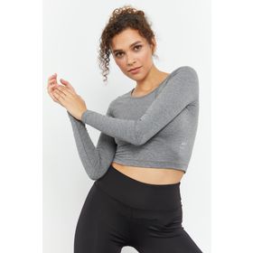 Tommy Life 97150 Gri Melanj Uzun Kollu Dar Kalıp O Yaka Kadın Crop Top