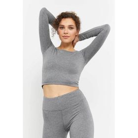 Tommy Life 97150 Gri Melanj Uzun Kollu Dar Kalıp O Yaka Kadın Crop Top