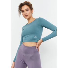 Tommy Life 97150 Mint Yeşili Kadın Uzun Kollu Dar Kalıp O Yaka Crop Top Bluz