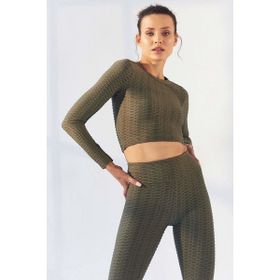 Tommy Life 97153 Kendinden Desenli O Yaka Uzun Kol Çağla Yeşili Kadın Crop Top