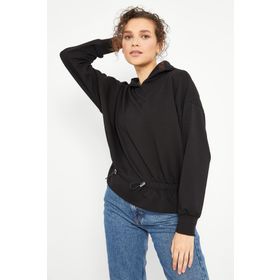 Tommy Life 97159 Siyah Beli Büzgülü Kapüşonlu Oversize Kadın Sweatshirt
