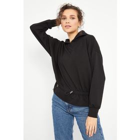 Tommy Life 97159 Siyah Beli Büzgülü Kapüşonlu Oversize Kadın Sweatshirt