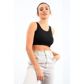 Tommy Life 97160 Basic Sıfır Kol Dar Kalıp U Yaka Siyah Kadın Crop Top