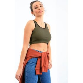 Tommy Life 97160 Haki Basic Sıfır Kol Dar Kalıp U Yaka Crop Top Kadın Atlet