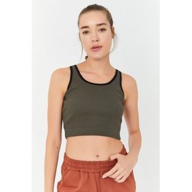 Tommy Life 97160 Haki Basic Sıfır Kol Dar Kalıp U Yaka Crop Top Kadın Atlet