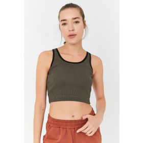 Tommy Life 97160 Haki Basic Sıfır Kol Dar Kalıp U Yaka Crop Top Kadın Atlet