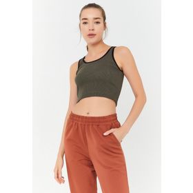 Tommy Life 97160 Haki Basic Sıfır Kol Dar Kalıp U Yaka Crop Top Kadın Atlet