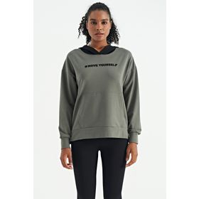 Tommy Life 97161 Çağla Büzgülü Deri Detaylı Kanguru Cep Kadın Oversize Kadın Sweatshirt