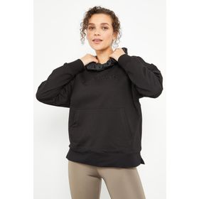 Tommy Life 97161 Siyah Büzgülü Deri Detaylı Kanguru Cep Oversize Kadın Sweatshirt