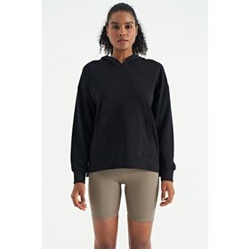 Tommy Life 97161 Siyah Büzgülü Deri Detaylı Kanguru Cep Oversize Kadın Sweatshirt