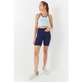 Tommy Life 97162 Gök Mavi Kadın Basic Sıfır Kol Dar Kalıp U Yaka Crop Top Atlet