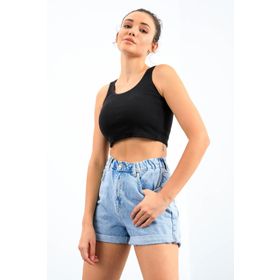 Tommy Life 97162 Lacivert Melanj Kadın Basic Sıfır Kol Dar Kalıp U Yaka Crop Top