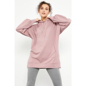 Tommy Life 97163 Gül Kurusu Kadın Balon Kol Yazı Nakışlı Oversize Tunik Sweatshirt