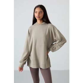 Tommy Life 97163 Koyu Bej Kadın Balon Kol Yazı Nakışlı Oversize Tunik Sweatshirt
