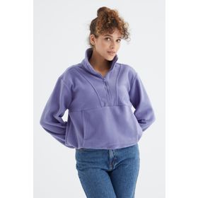 Tommy Life 97171 Açık Eflatun Yarım Fermuar Etek Ucu Büzgülü Polar Oversize Kadın Sweatshirt