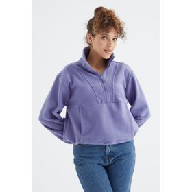 Tommy Life 97171 Açık Eflatun Yarım Fermuar Etek Ucu Büzgülü Polar Oversize Kadın Sweatshirt