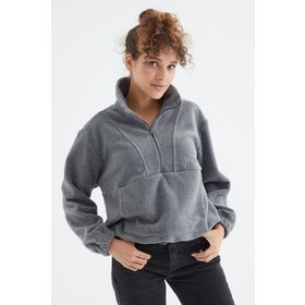 Tommy Life 97171 Gri Melanj Yarım Fermuar Etek Ucu Büzgülü Kadın Polar Oversize Sweatshirt