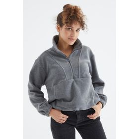 Tommy Life 97171 Gri Melanj Yarım Fermuar Etek Ucu Büzgülü Kadın Polar Oversize Sweatshirt