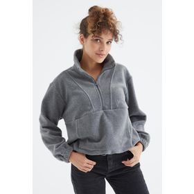 Tommy Life 97171 Gri Melanj Yarım Fermuar Etek Ucu Büzgülü Kadın Polar Oversize Sweatshirt