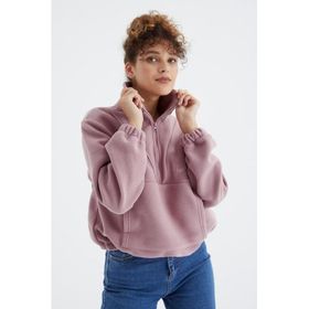 Tommy Life 97171 Gül Kurusu Yarım Fermuar Etek Ucu Büzgülü Kadın Polar Oversize Sweatshirt