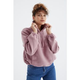 Tommy Life 97171 Gül Kurusu Yarım Fermuar Etek Ucu Büzgülü Kadın Polar Oversize Sweatshirt