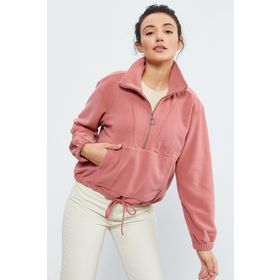 Tommy Life 97171 Yaban Gülü Yarım Fermuar Etek Ucu Büzgülü Oversize Polar Kadın Sweatshirt
