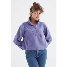 Tommy Life 97171 Yarım Fermuar Etek Ucu Büzgülü Oversize Polar Eflatun Kadın Sweatshirt