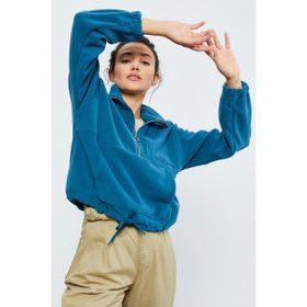 Tommy Life 97171 Zümrüt Kadın Yarım Fermuar Etek Ucu Büzgülü Oversize Polar Sweatshirt