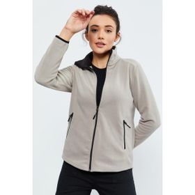 Tommy Life 97173 Koyu Bej Kadın Dik Yaka Fermuarlı Rahat Form Polar Sweatshirt