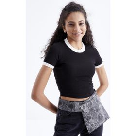 Tommy Life 97200 Basic Kol Detaylı O Yaka Siyah Kadın Crop Top T-Shirt