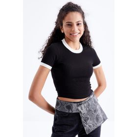 Tommy Life 97200 Basic Kol Detaylı O Yaka Siyah Kadın Crop Top T-Shirt