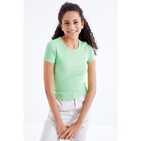Tommy Life 97202 Basic Kısa Kol O Yaka Fıstık Yeşil Kadın T-Shirt