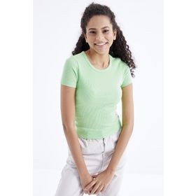 Tommy Life 97202 Basic Kısa Kol O Yaka Fıstık Yeşil Kadın T-Shirt
