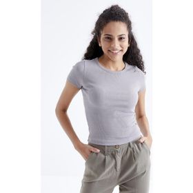 Tommy Life 97202 Gri Basic Kısa Kol O Yaka Kadın Crop Top T-Shirt