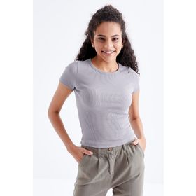 Tommy Life 97202 Gri Basic Kısa Kol O Yaka Kadın Crop Top T-Shirt