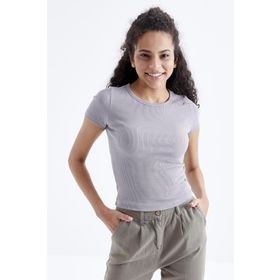 Tommy Life 97202 Gri Basic Kısa Kol O Yaka Kadın Crop Top T-Shirt