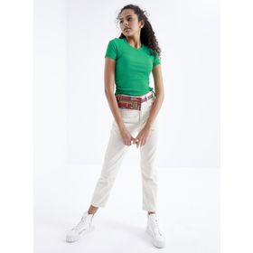 Tommy Life 97203 Basic Yanı Büzgülü O Yaka Yeşil Kadın Crop Top T-Shirt
